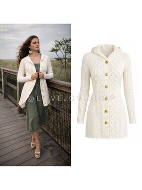 Sweater | Cable Knit Hooded Cardigan Button Front Longline Cream | Preppy Spring